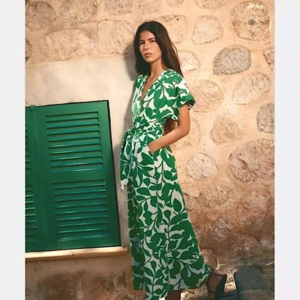 NWT ZARA Women's Belted Green & White Leaves Printed Long Midi Dress, Medium